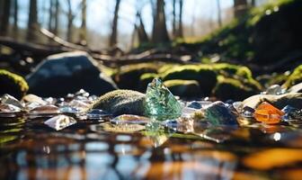 AI generated Frozen water in the forest with ice cubes and pebbles. Early spring landscape photo