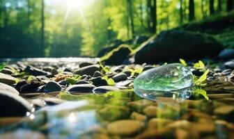 AI generated Frozen water in the forest with ice cubes and pebbles. Early spring landscape photo