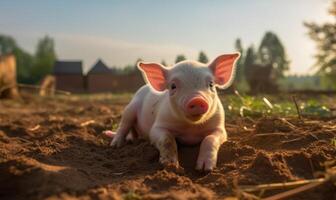 AI generated Cute little piglet on a farm at sunset. Concept of agriculture and farming. photo