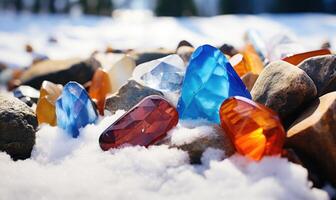 AI generated Colorful stones in the snow on the shore of the lake. photo
