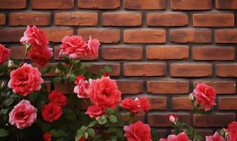 AI generated Red roses on a brick wall background with copy space for text photo