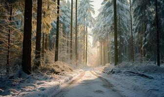 ai generado hermosa invierno paisaje con nieve cubierto arboles en bosque a amanecer. foto