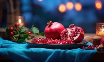 AI generated Ripe pomegranate fruits with green leaves on wooden table photo