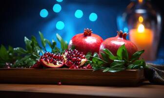 AI generated Hot chocolate with pomegranate and marshmallows on wooden background. photo