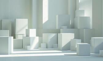 AI generated Stack of cardboard boxes in white room with sunlight. Space for text. Box mockup on white photo