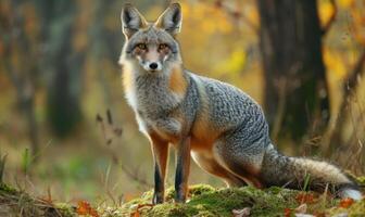 ai generado gris zorro sentado en un bosque en otoño, foto