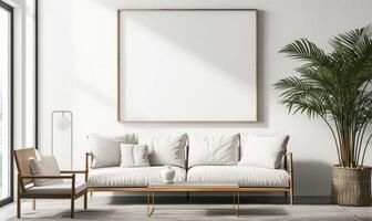 AI generated Living room interior with white sofa, coffee table, coffee table and horizontal mock up poster frame. photo