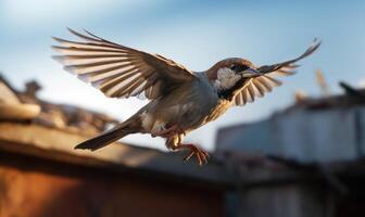 AI generated A sparrow flies in the air on a background of buildings. photo