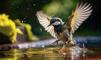 AI generated Great tit Parus major in a puddle after the rain photo