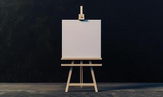 AI generated Easel with blank canvas standing on concrete floor near dark wall. Mock up photo