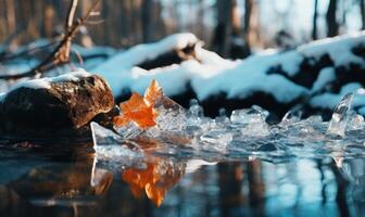 AI generated Fallen leaves in the ice on the river in the winter forest photo