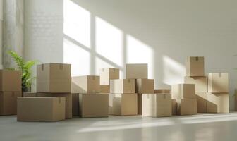 AI generated Stack of cardboard boxes in white room with sunlight. Space for text. Box mockup on white photo