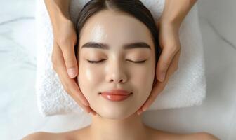 AI generated Beautiful young woman having a facial massage at the spa salon. Beauty treatment concept. photo