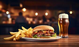 AI generated Beef burger with french fries and a glass of beer in a pub photo