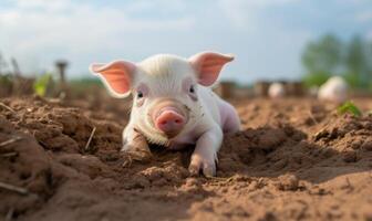 ai generado linda pequeño cerdito en un granja a puesta de sol. concepto de agricultura y agricultura. foto