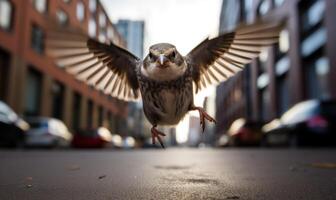 AI generated A sparrow flying low over a city street with buildings in the background photo