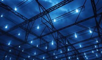 AI generated Industrial steel structure with lights in blue tone with stormy sky background photo