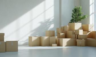 AI generated Moving boxes in empty room with green plants. Space for text. Box mockup on white photo