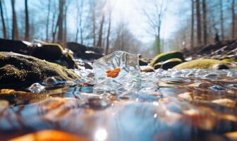 AI generated Fallen leaves in the ice on the river in the winter forest photo