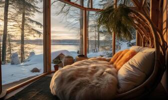 AI generated interior of modern living room with large window overlooking the winter forest photo