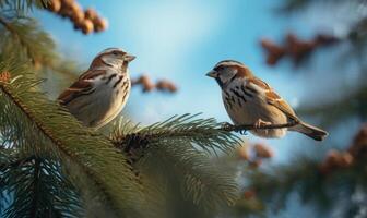 AI generated sparrows sitting on the spruce branch photo