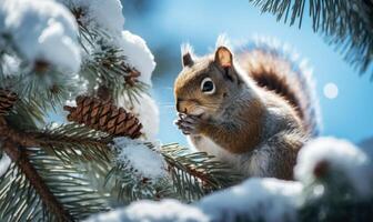 ai generado ardilla comiendo un pino cono en un Nevado rama con sus mullido cola foto