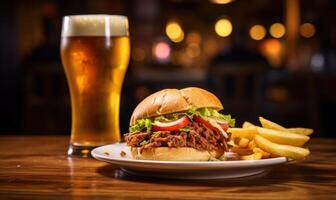 ai generado hamburguesa con un vaso de cerveza en un mesa en un pub foto