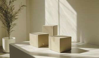 AI generated Set of cardboard boxes on a white table. Mockup. Delivery concept background. photo