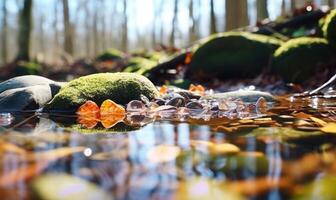 AI generated Frozen water in the forest with ice cubes and pebbles. Early spring landscape photo