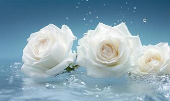 AI generated white roses on blue background, water drops and splash, close up photo