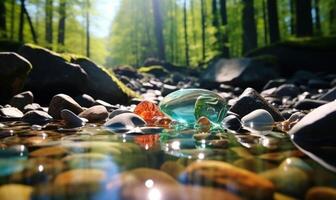 ai generado congelado agua en el bosque con hielo cubitos y guijarros temprano primavera paisaje foto