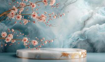 AI generated white marble podium with cherry blossom branch on blue background photo