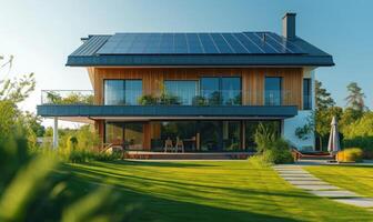 AI generated Modern house with solar panels installed on the roof. Modern house with solar panels installed on the roof. photo