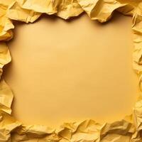 AI generated Yellow creased crumpled paper background grunge texture backdrop. photo
