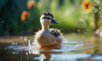 ai generado pequeño anadón nadando en el agua en un soleado verano día. foto