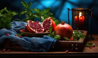 AI generated Ripe pomegranate fruits on wooden table in dark room photo