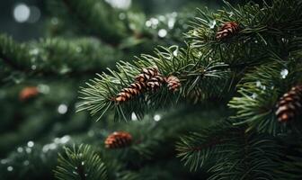 AI generated Spruce branches with cones and red berries. Blurred background. photo