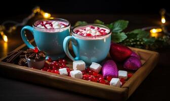 AI generated Hot chocolate with pomegranate and marshmallows on wooden background. photo