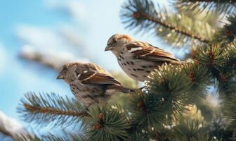 AI generated Sparrows sitting on a branch of a pine in the spring photo