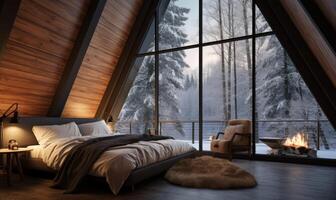 ai generado moderno dormitorio interior con un grande ventana con vista a el invierno bosque foto