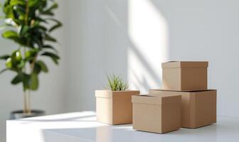 AI generated Set of cardboard boxes on a white table. Mockup. Delivery concept background. photo