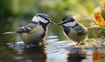 ai generado dos genial teta aves, parus importante, Bebiendo agua desde un fuente. foto