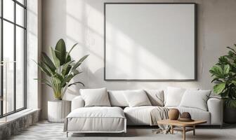 AI generated Interior of modern living room with white walls, concrete floor, comfortable sofa with cushions, coffee table and mock up poster frame photo