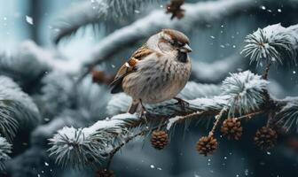 AI generated Sparrows sitting on a branch of a pine in the spring photo