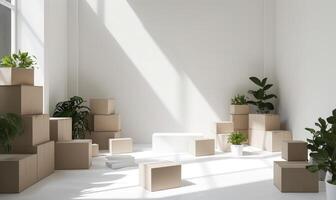 AI generated Stack of cardboard boxes in white room with sunlight. Space for text. Box mockup on white photo