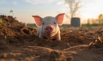 AI generated Cute little piglet on a farm at sunset. Concept of agriculture and farming. photo