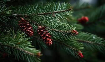AI generated Spruce branches with cones. Blurred background. photo