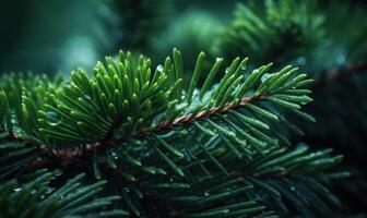 AI generated Pine branches with dew drops close-up. Nature background photo