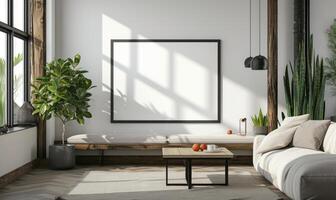 AI generated Mock up poster frame in modern living room photo