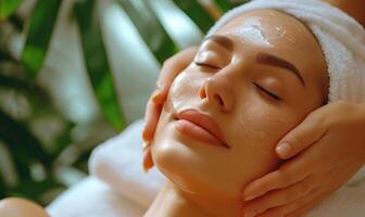 ai generado hermosa joven mujer disfrutando facial masaje en spa salón. belleza tratamiento concepto. foto